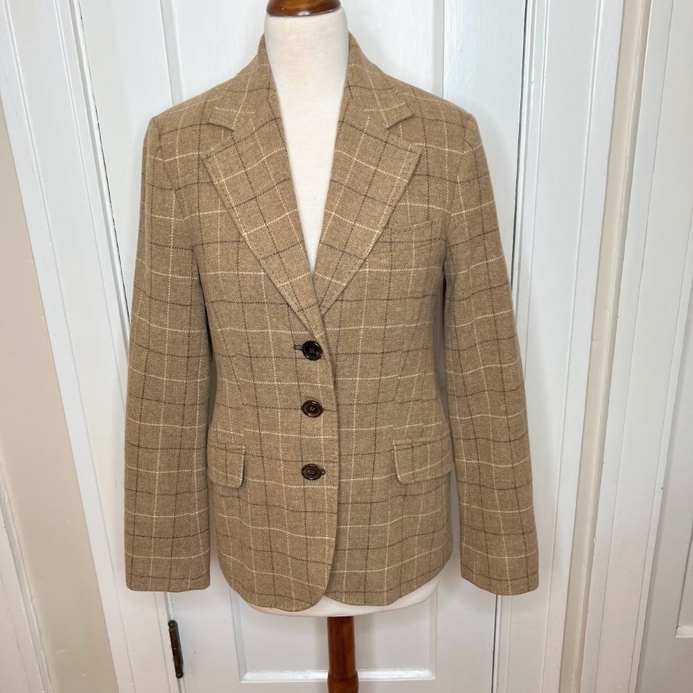Bogner Plaid Wool Blazer w/ Leather Elbow Patches - 38/8 - 3 button, notch lapel